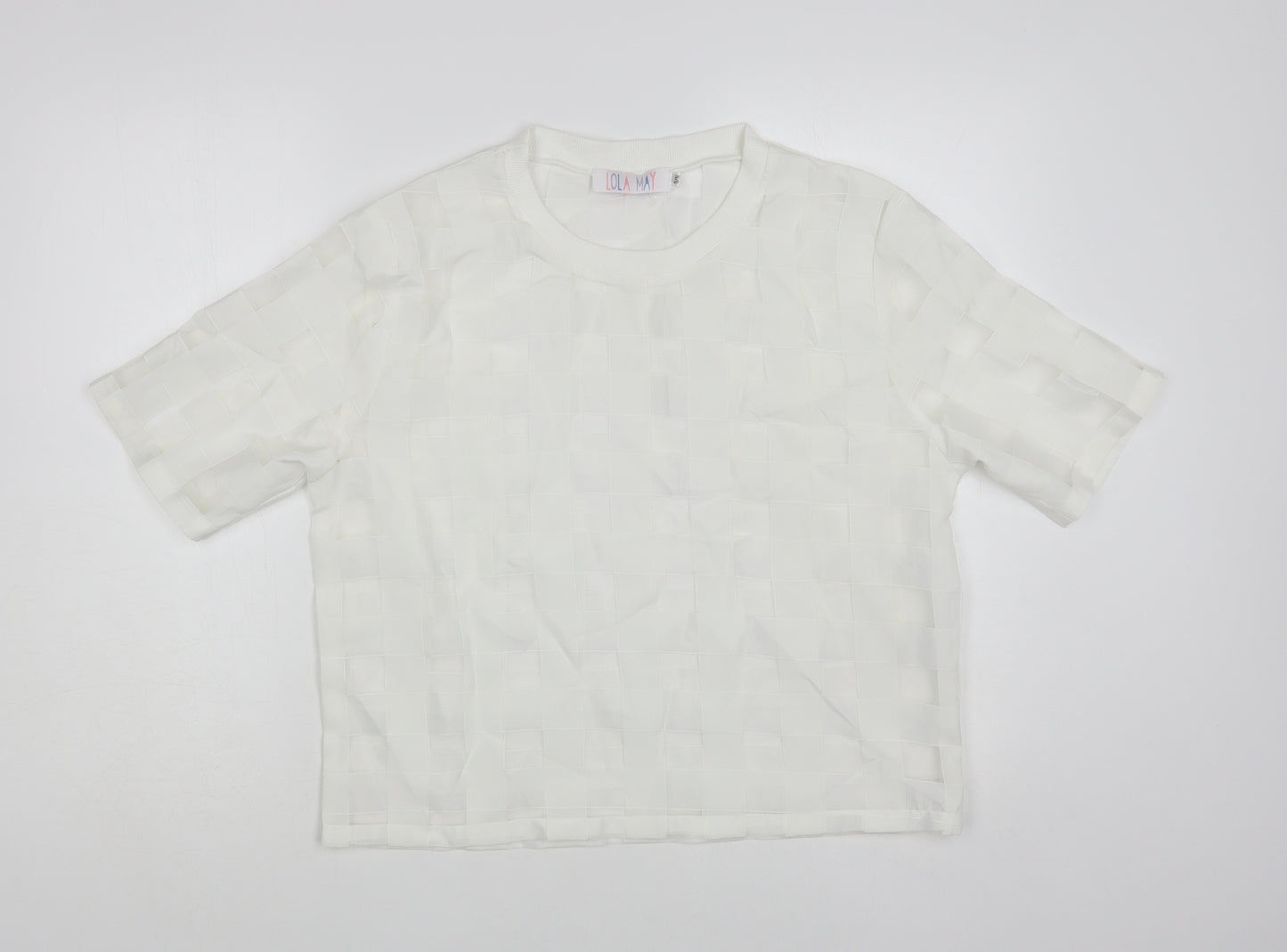 Lola May Womens White Check Polyester Basic Blouse Size S Crew Neck