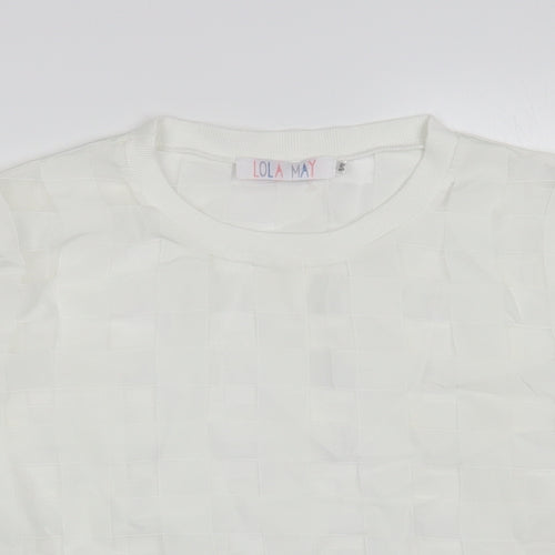 Lola May Womens White Check Polyester Basic Blouse Size S Crew Neck