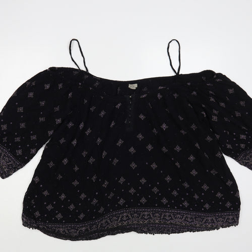 Ecote Womens Black Geometric Viscose Basic Blouse Size L Off the Shoulder