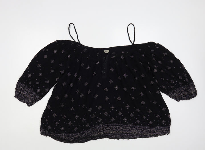 Ecote Womens Black Geometric Viscose Basic Blouse Size L Off the Shoulder