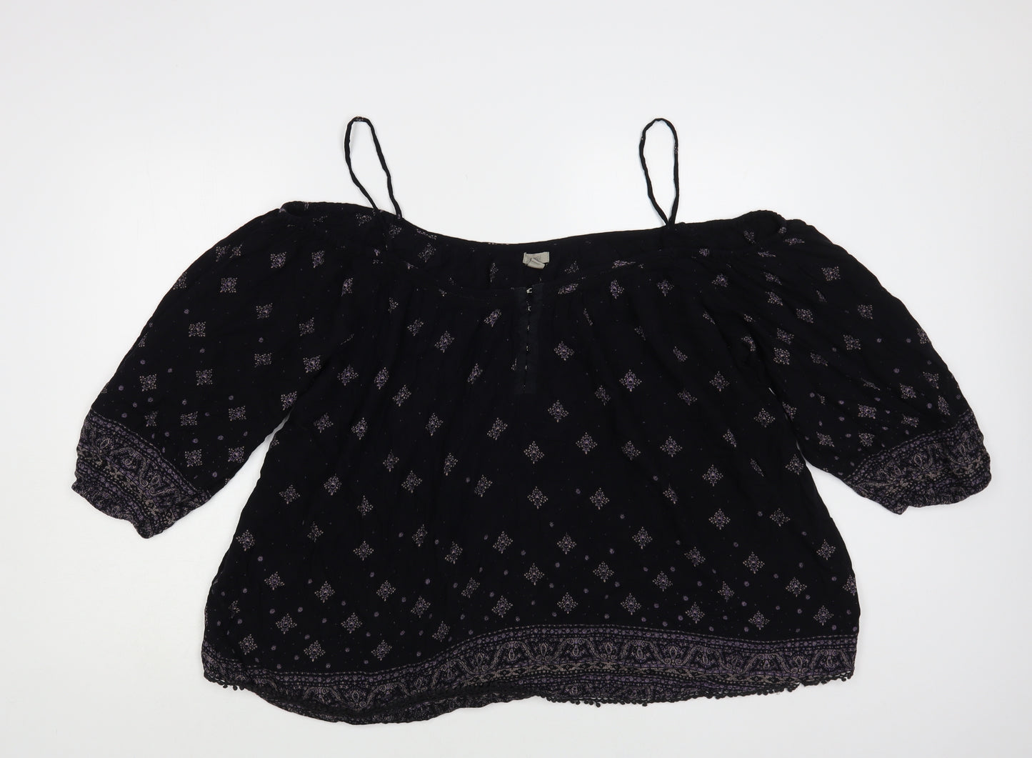 Ecote Womens Black Geometric Viscose Basic Blouse Size L Off the Shoulder