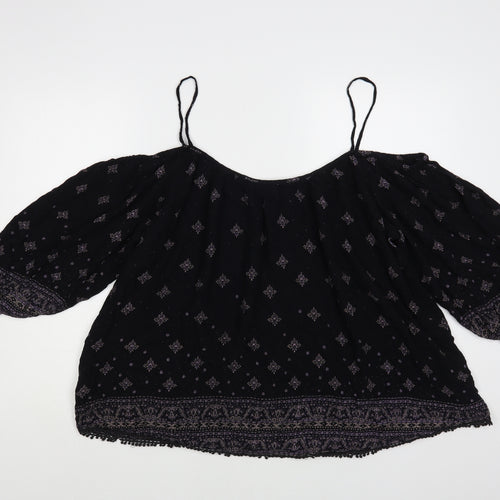 Ecote Womens Black Geometric Viscose Basic Blouse Size L Off the Shoulder