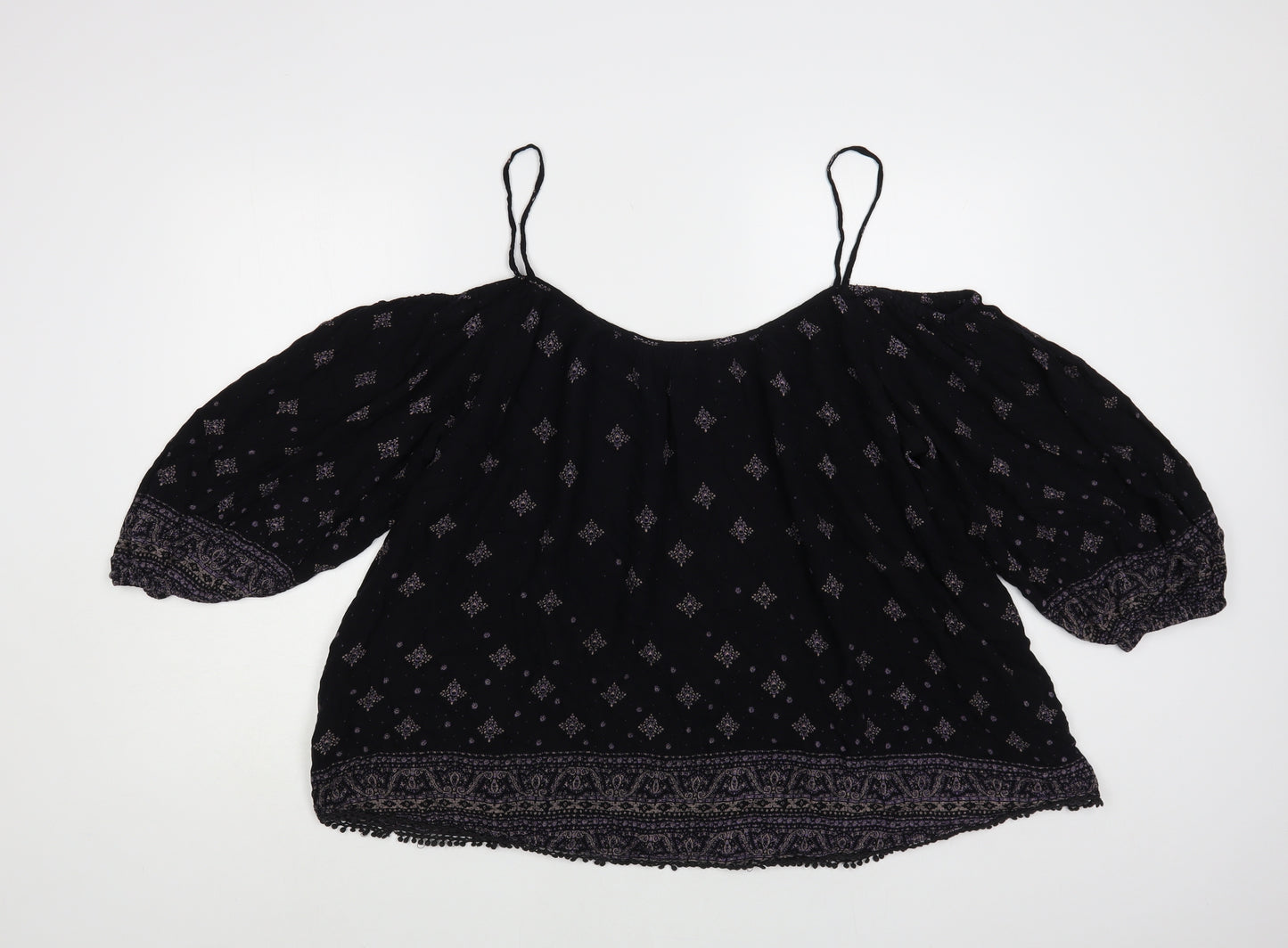 Ecote Womens Black Geometric Viscose Basic Blouse Size L Off the Shoulder