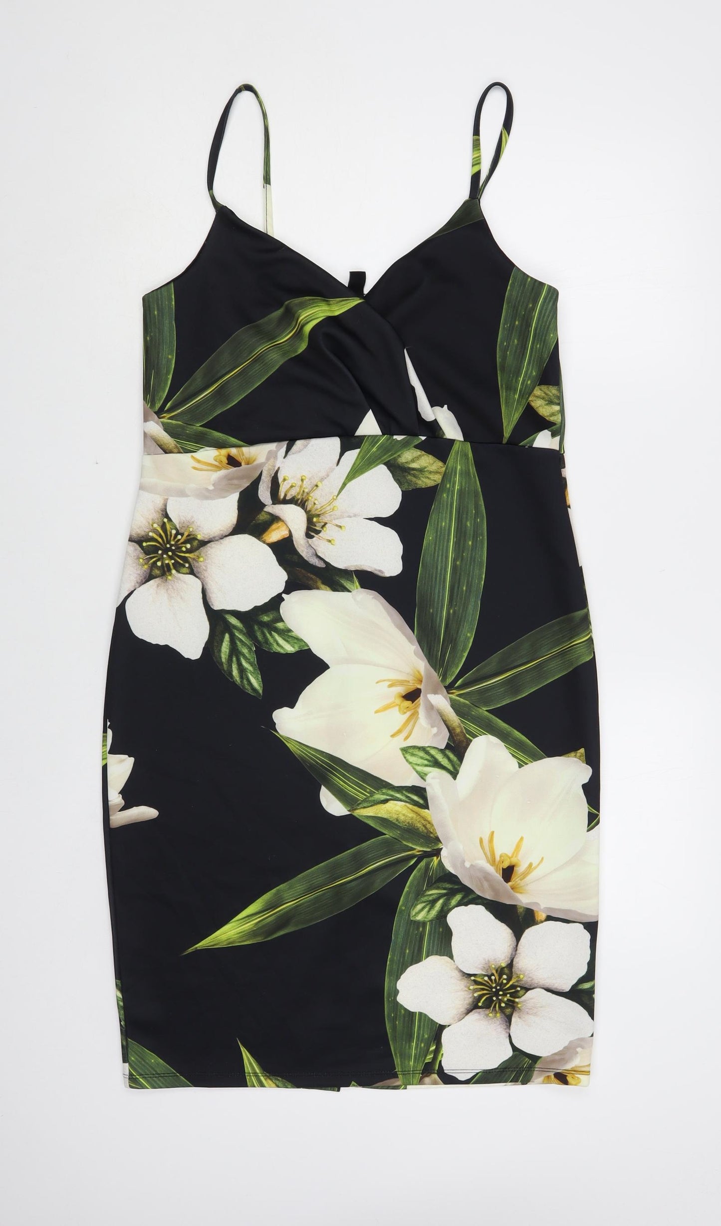 New Look Womens Black Floral Polyester Slip Dress Size 16 V-Neck Pullover