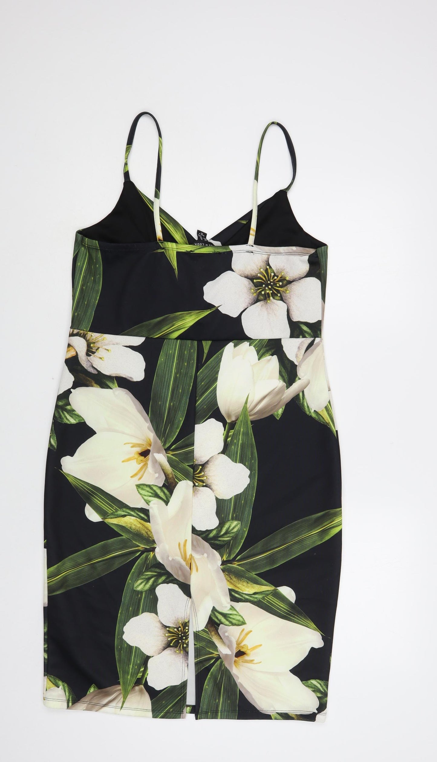 New Look Womens Black Floral Polyester Slip Dress Size 16 V-Neck Pullover
