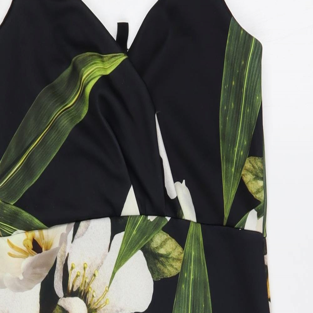New Look Womens Black Floral Polyester Slip Dress Size 16 V-Neck Pullover