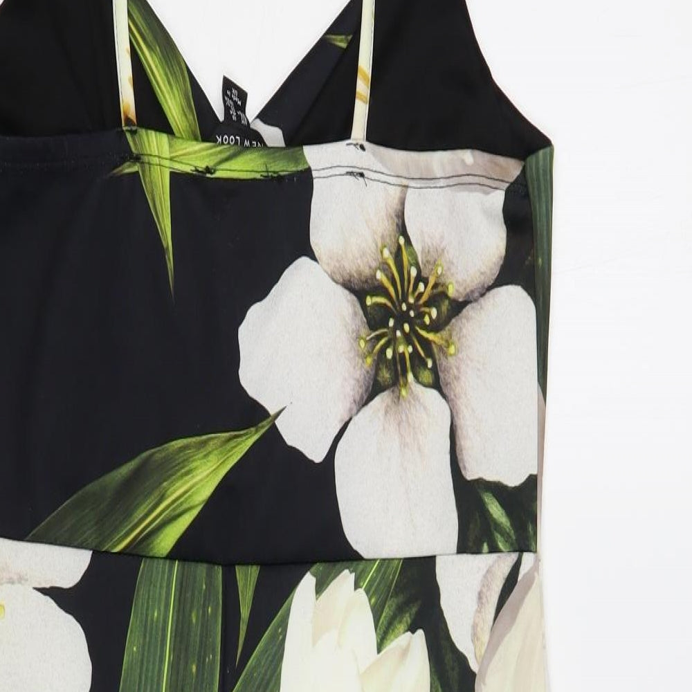New Look Womens Black Floral Polyester Slip Dress Size 16 V-Neck Pullover