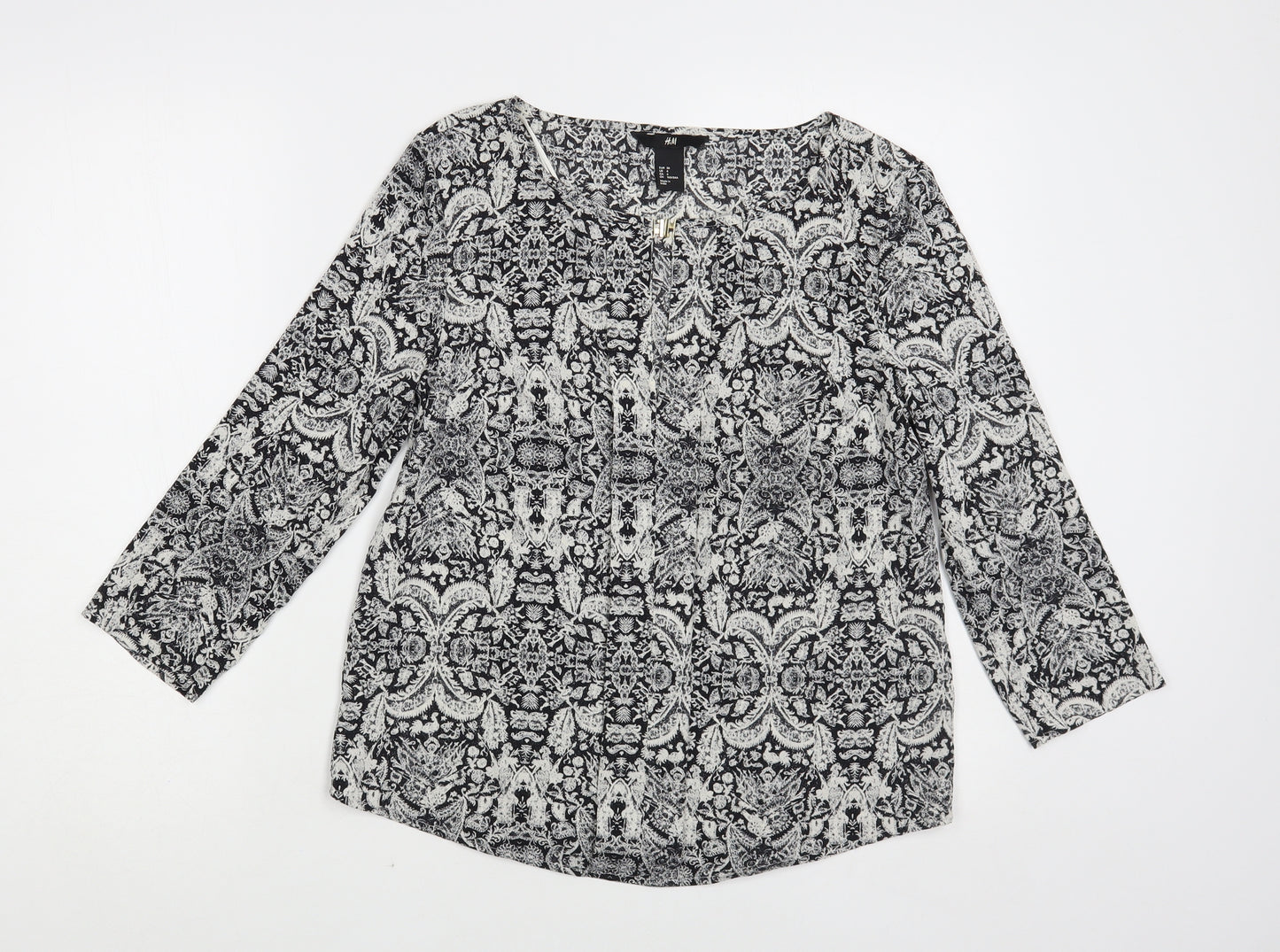 H&M Womens Grey Paisley Polyester Basic Blouse Size 8 Round Neck