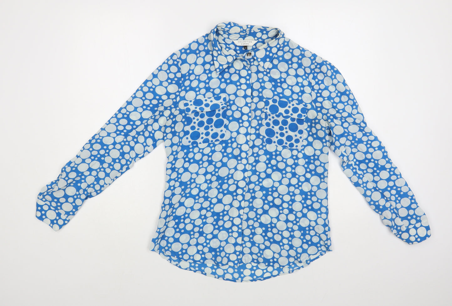 John Lewis Womens Blue Polka Dot Silk Basic Button-Up Size 10 Collared