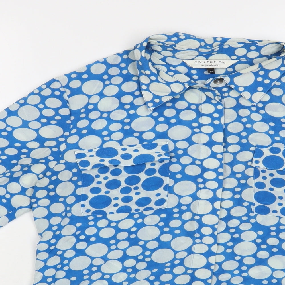 John Lewis Womens Blue Polka Dot Silk Basic Button-Up Size 10 Collared