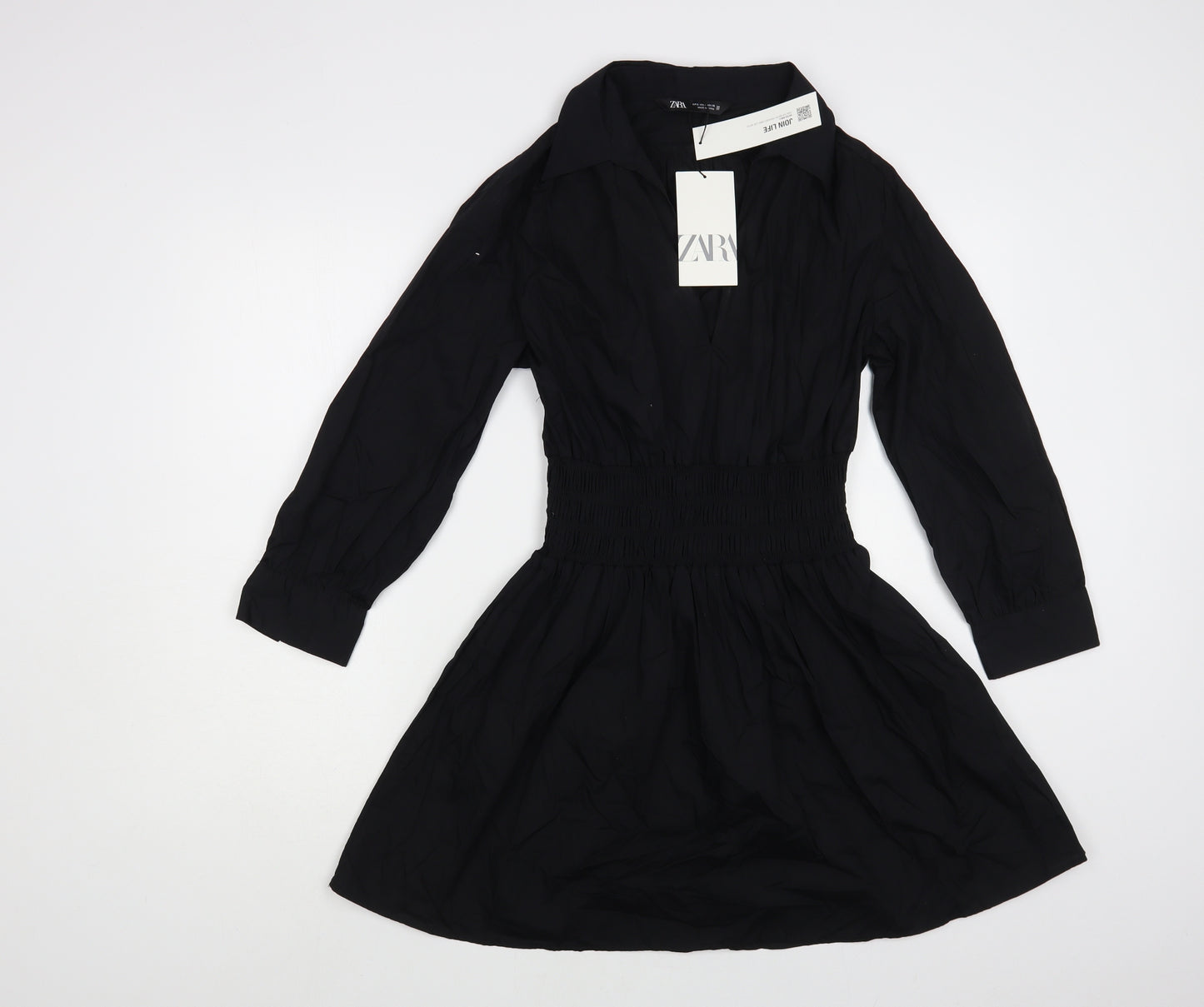 Zara Womens Black Cotton Shirt Dress Size S Collared Pullover