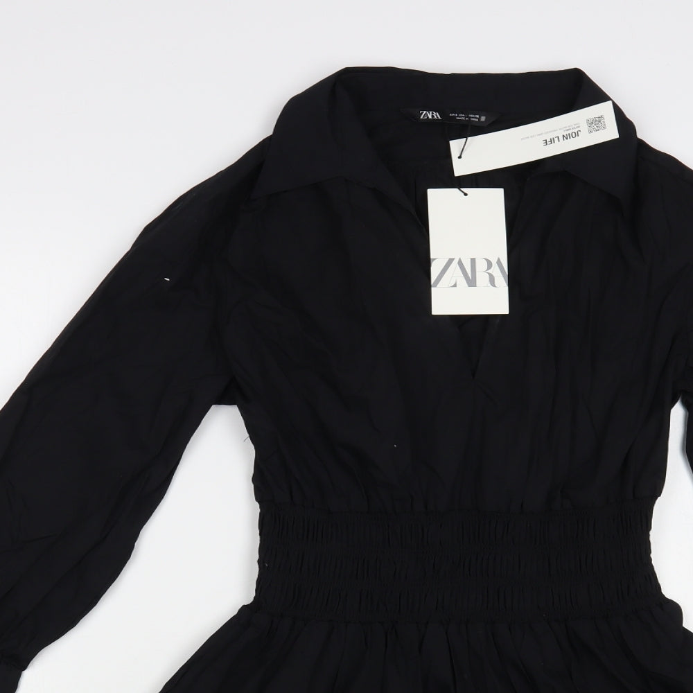 Zara Womens Black Cotton Shirt Dress Size S Collared Pullover