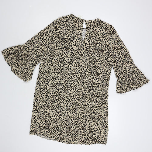 H&M Womens Beige Animal Print Viscose Shift Size 12 Round Neck Button