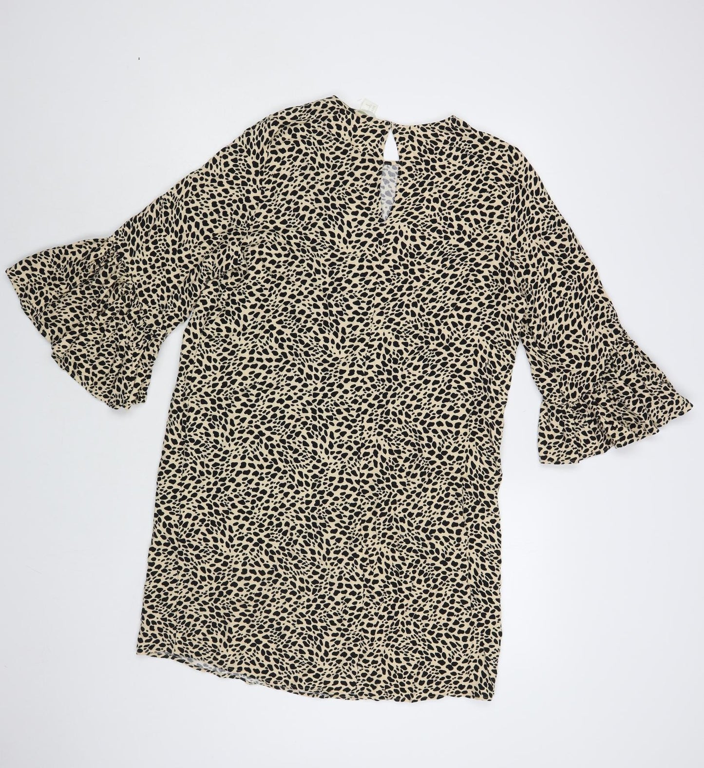 H&M Womens Beige Animal Print Viscose Shift Size 12 Round Neck Button