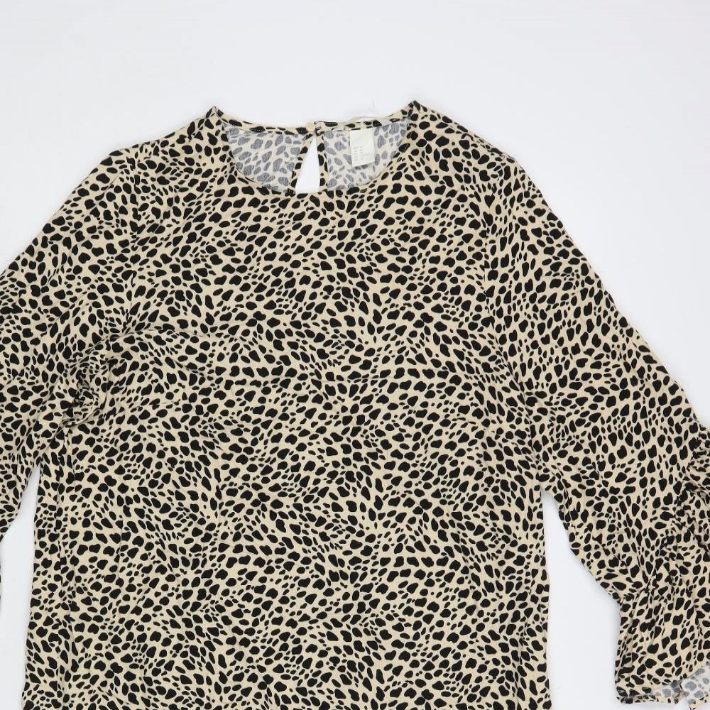 H&M Womens Beige Animal Print Viscose Shift Size 12 Round Neck Button