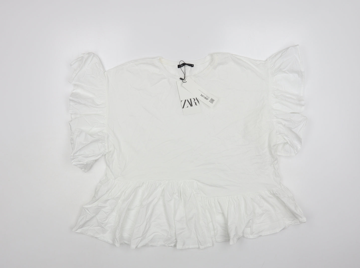 Zara Womens White Cotton Basic T-Shirt Size L Round Neck
