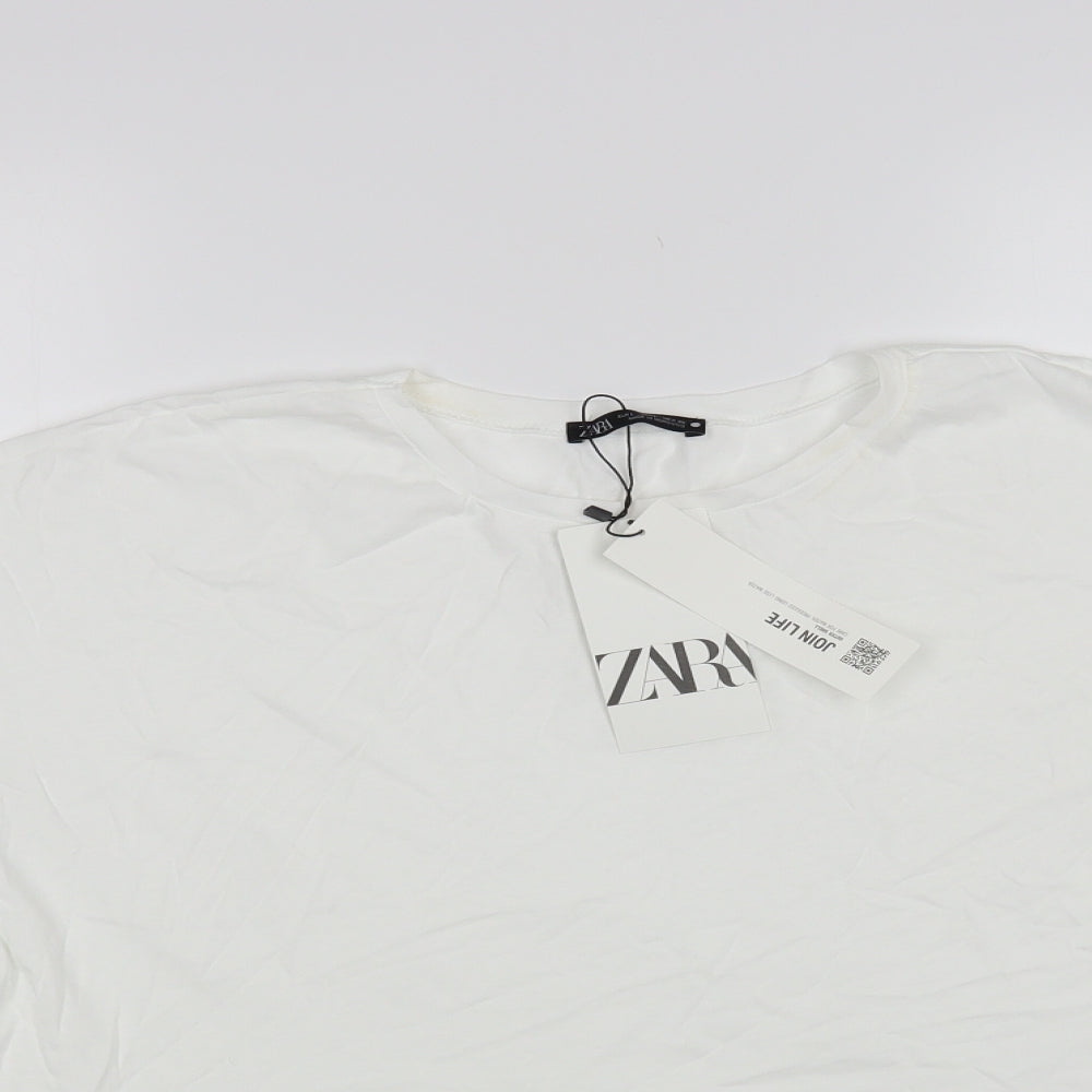 Zara Womens White Cotton Basic T-Shirt Size L Round Neck