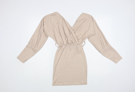 Front view of PRETTYLITTLETHING women’s beige polyester mini, size S, v-neck pullover