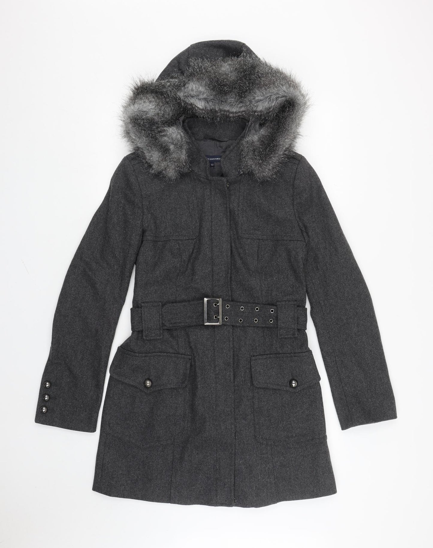 French Connection Womens Grey Trench Coat Coat Size 10 Zip - belt up