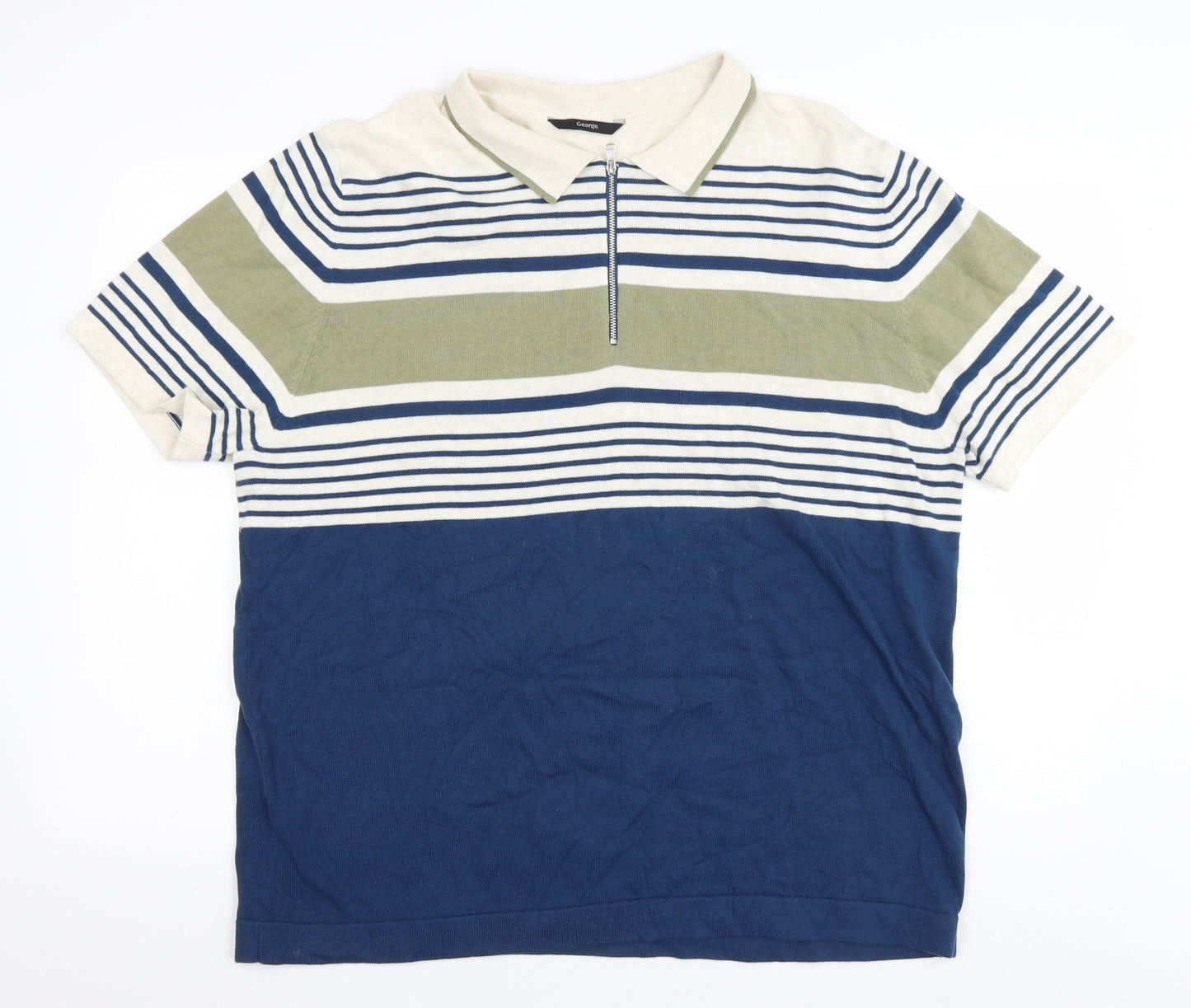 George Mens Blue Striped Cotton T-Shirt Size 2XL Collared