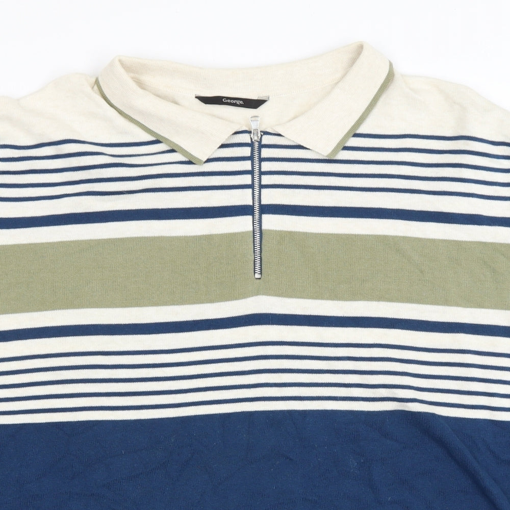 George Mens Blue Striped Cotton T-Shirt Size 2XL Collared