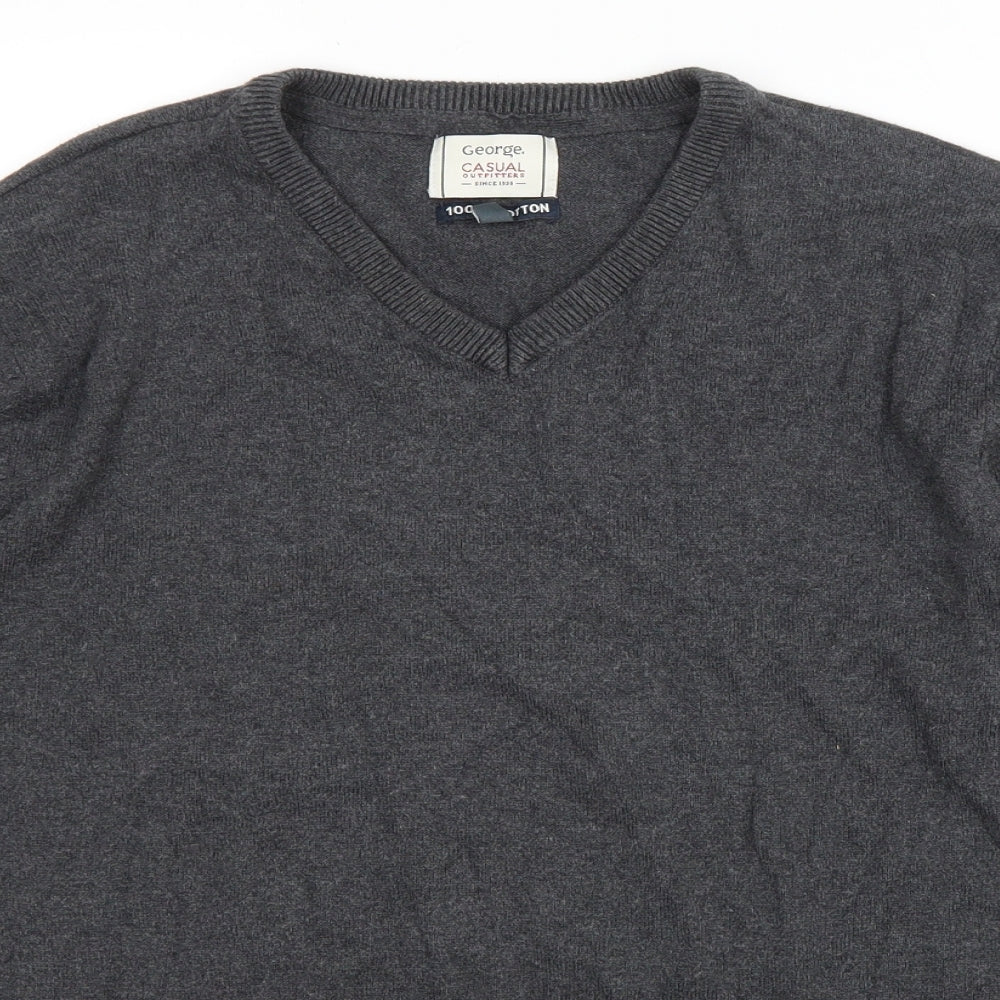 Grorge Mens Grey V-Neck Cotton Pullover Jumper Size M