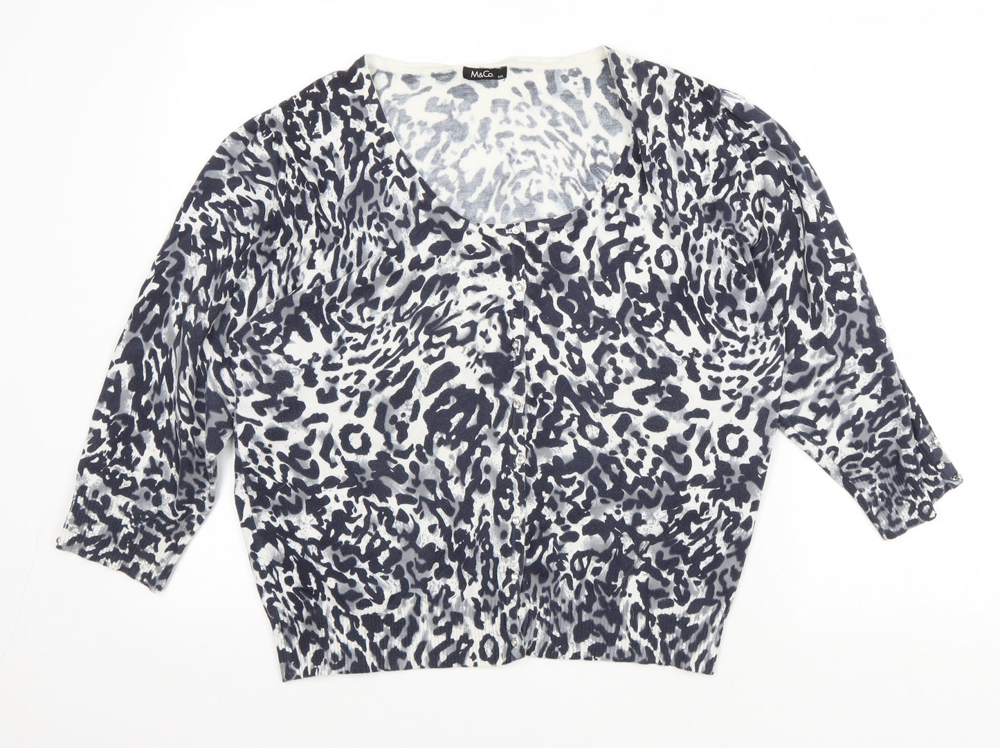 M&Co Womens Blue V-Neck Animal Print Cotton Cardigan Jumper Size 2XL - Cheater Print