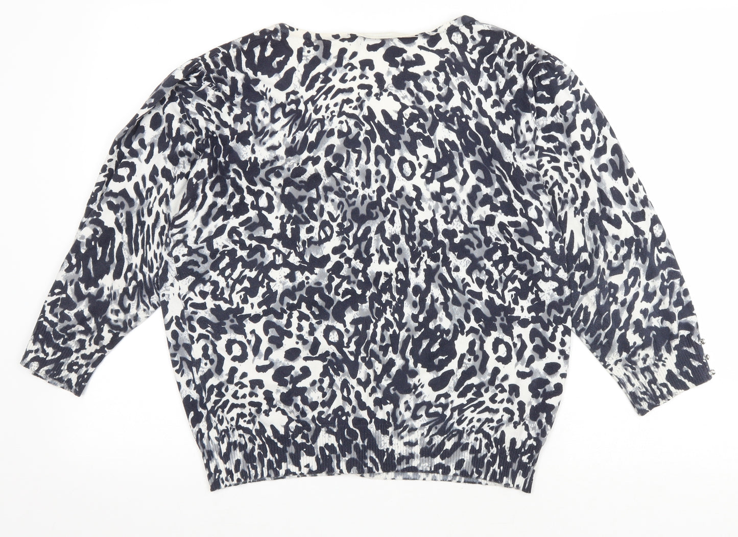 M&Co Womens Blue V-Neck Animal Print Cotton Cardigan Jumper Size 2XL - Cheater Print
