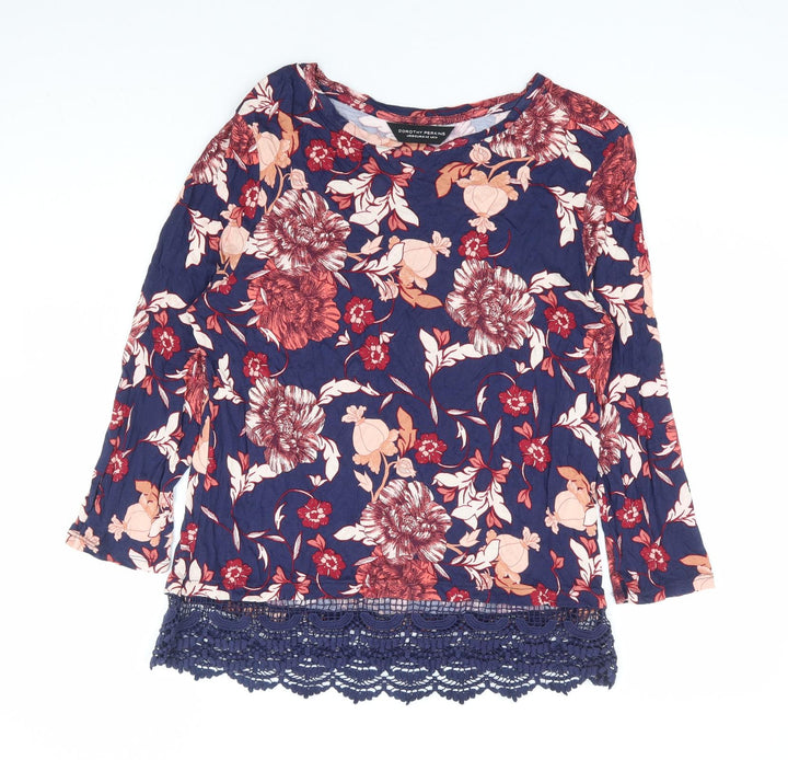 Dorothy Perkins Womens Blue Floral Viscose Basic Blouse Size 14 Round Neck - Crochet Trim