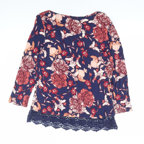 Dorothy Perkins Womens Blue Floral Viscose Basic Blouse Size 14 Round Neck - Crochet Trim