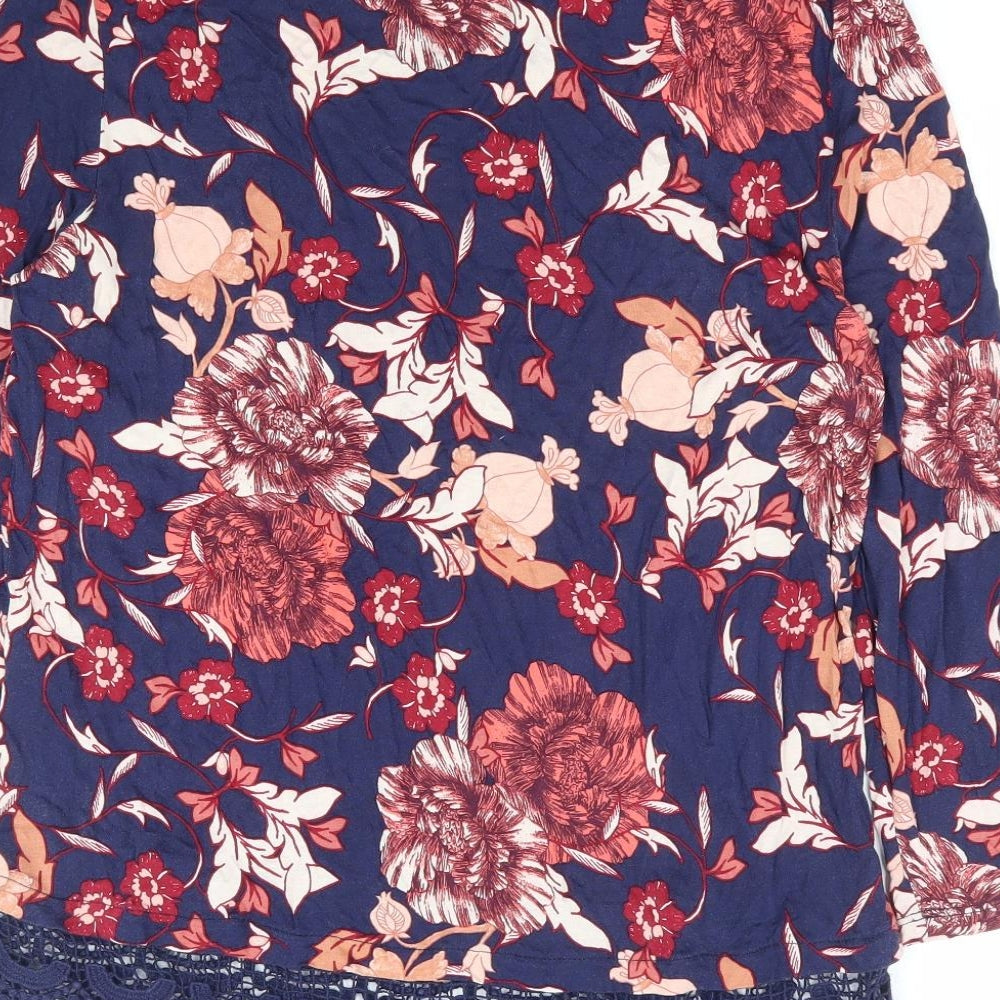 Dorothy Perkins Womens Blue Floral Viscose Basic Blouse Size 14 Round Neck - Crochet Trim