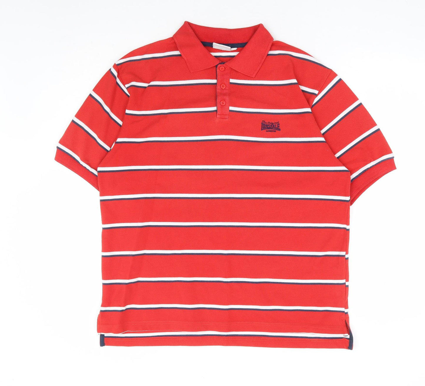Lonsdale Mens Red Striped Polyester Polo Size L Collared Button