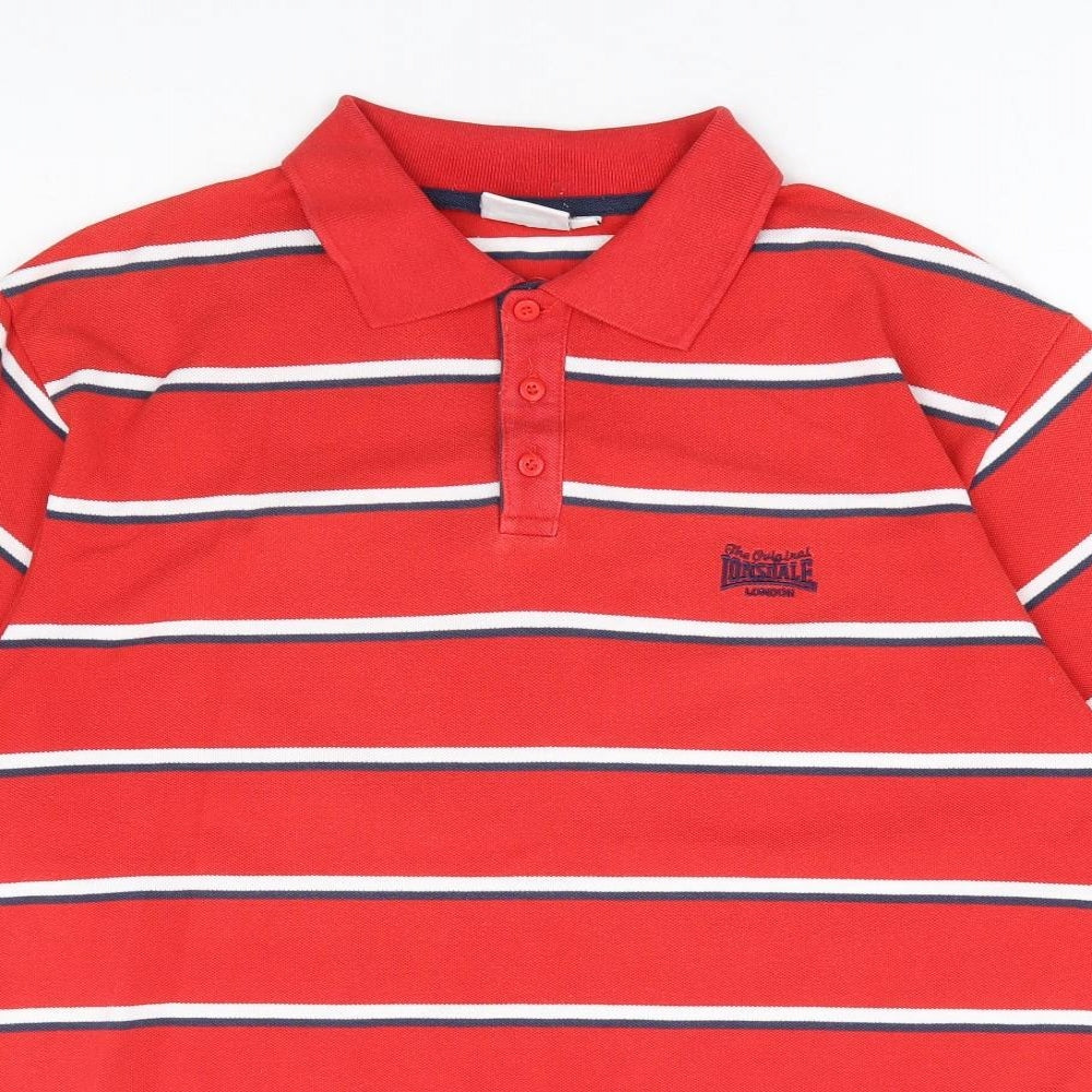 Lonsdale Mens Red Striped Polyester Polo Size L Collared Button