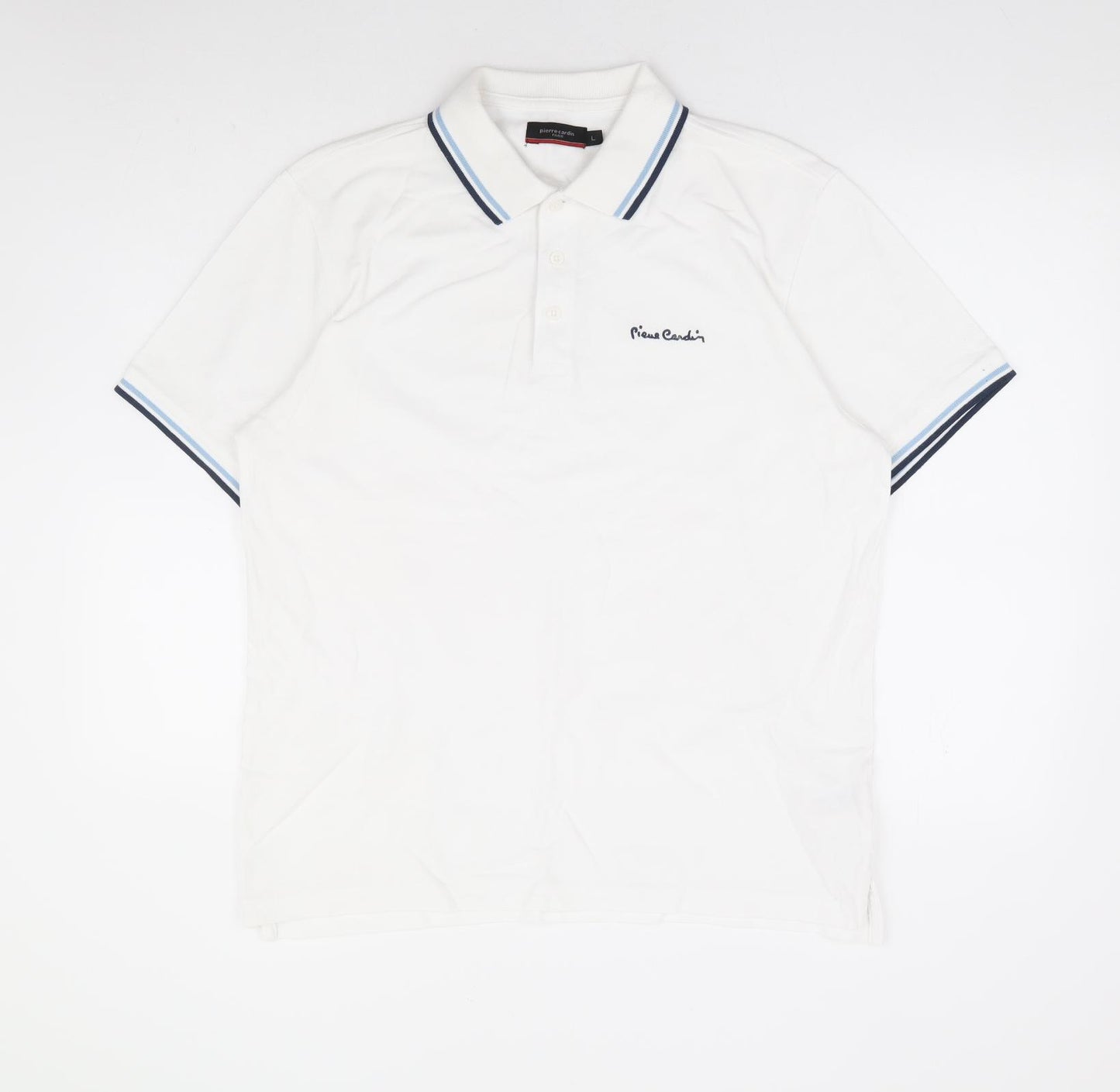 Pierre Cardin Mens White Cotton Polo Size L Collared Button - Contrast Trim