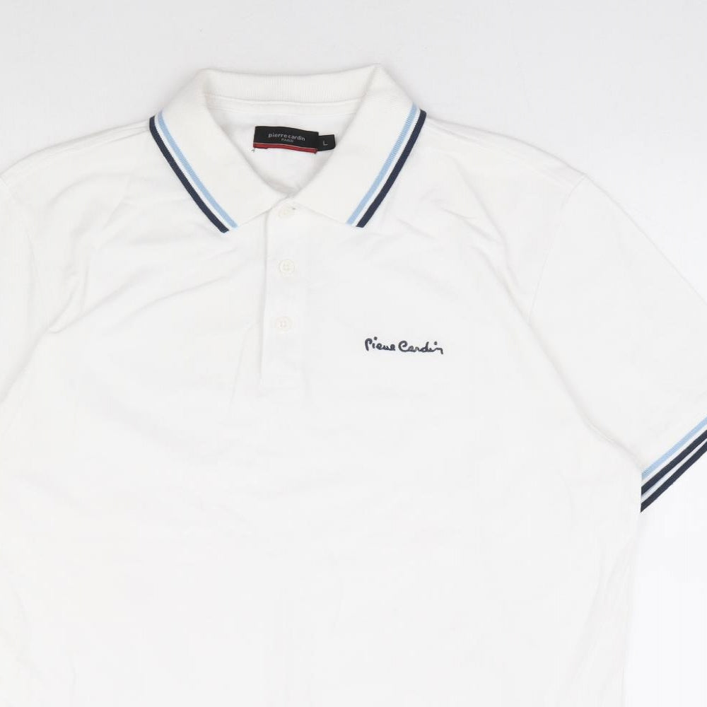 Pierre Cardin Mens White Cotton Polo Size L Collared Button - Contrast Trim