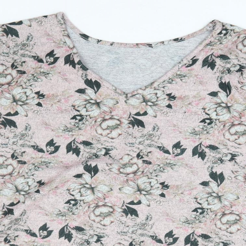 Preworn Womens Pink Floral Polyester Jersey Blouse Size XL V-Neck