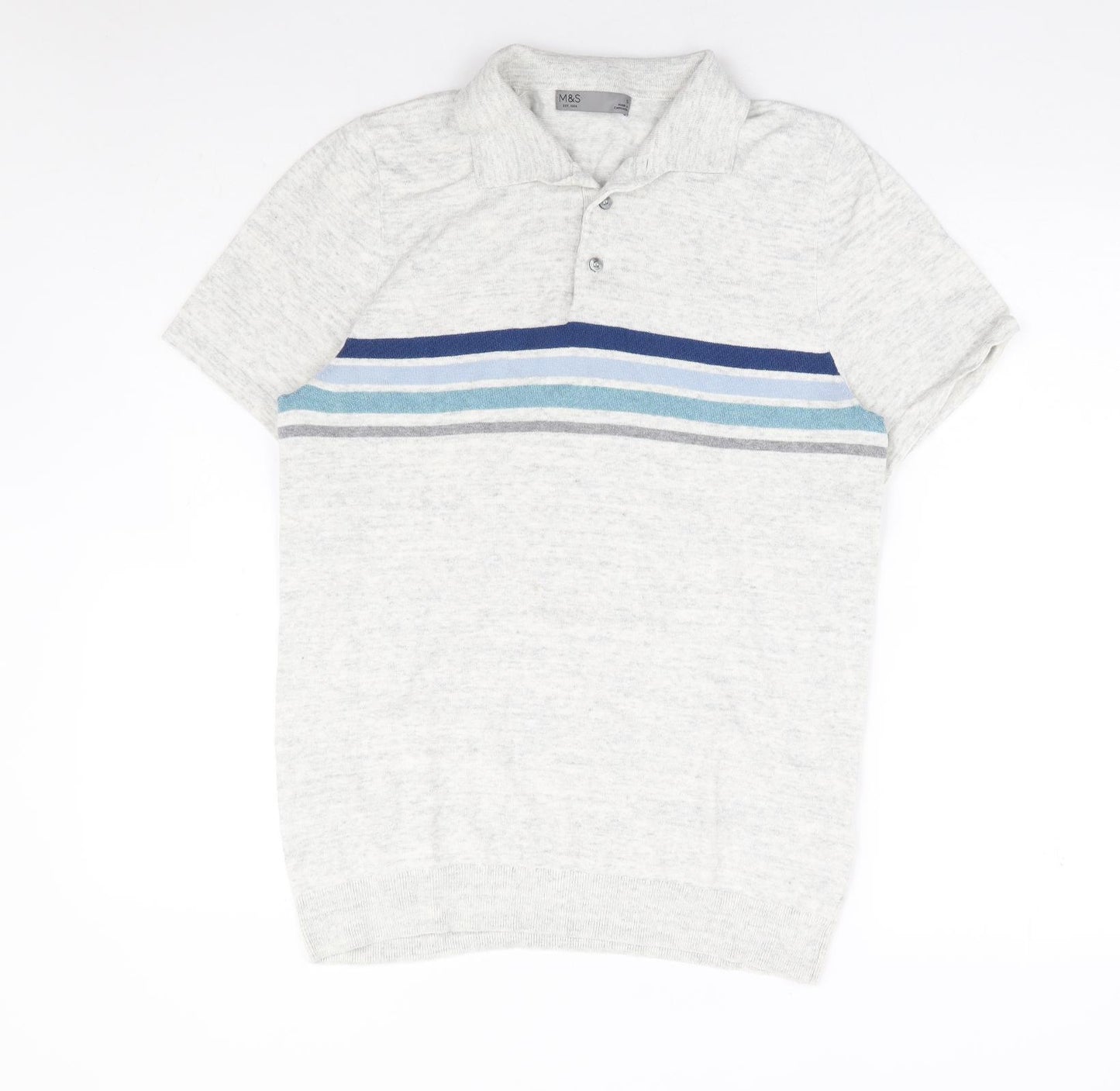 Marks and Spencer Mens Grey Collared Striped Cotton Pullover Jumper Size S