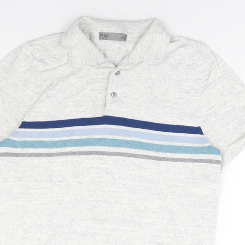 Marks and Spencer Mens Grey Collared Striped Cotton Pullover Jumper Size S