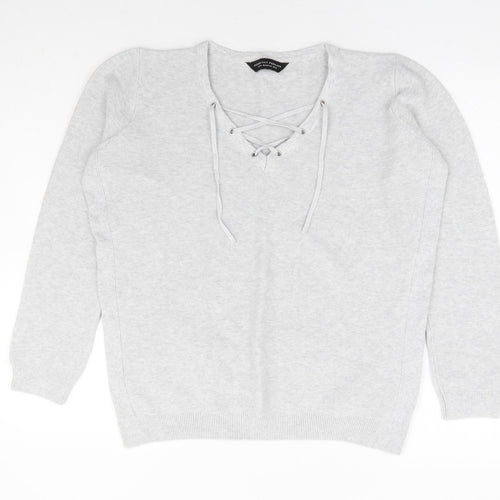 Dorothy Perkins Womens Grey V-Neck 100% Cotton Pullover Jumper Size 12 - Corset Tie Neck Detail