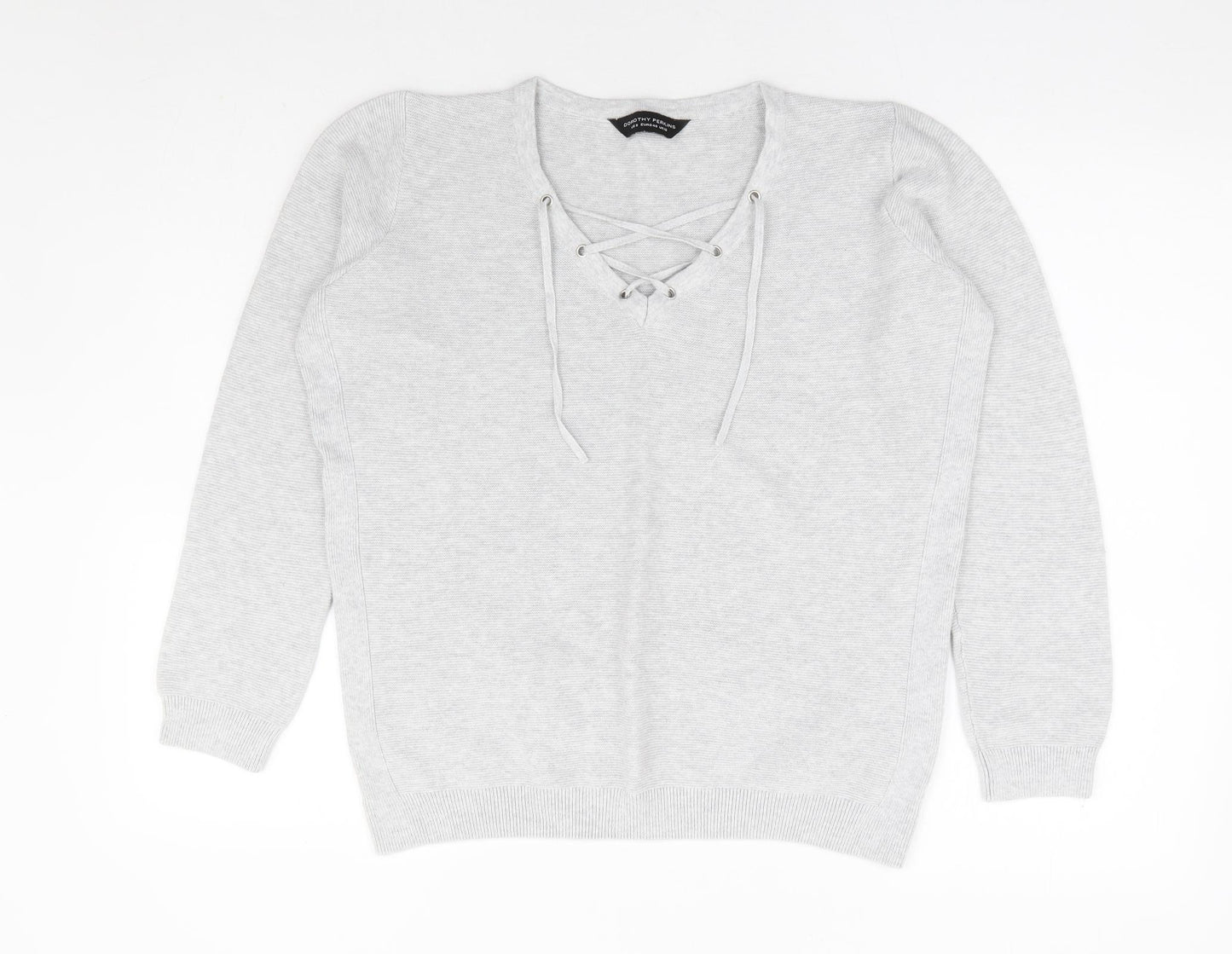 Dorothy Perkins Womens Grey V-Neck 100% Cotton Pullover Jumper Size 12 - Corset Tie Neck Detail