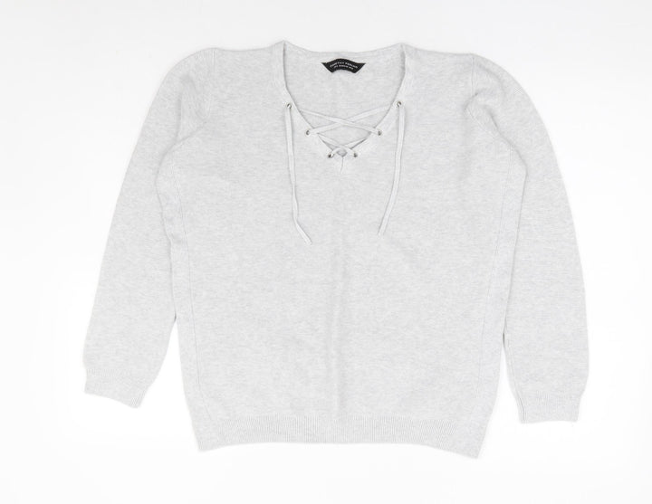 Dorothy Perkins Womens Grey V-Neck 100% Cotton Pullover Jumper Size 12 - Corset Tie Neck Detail
