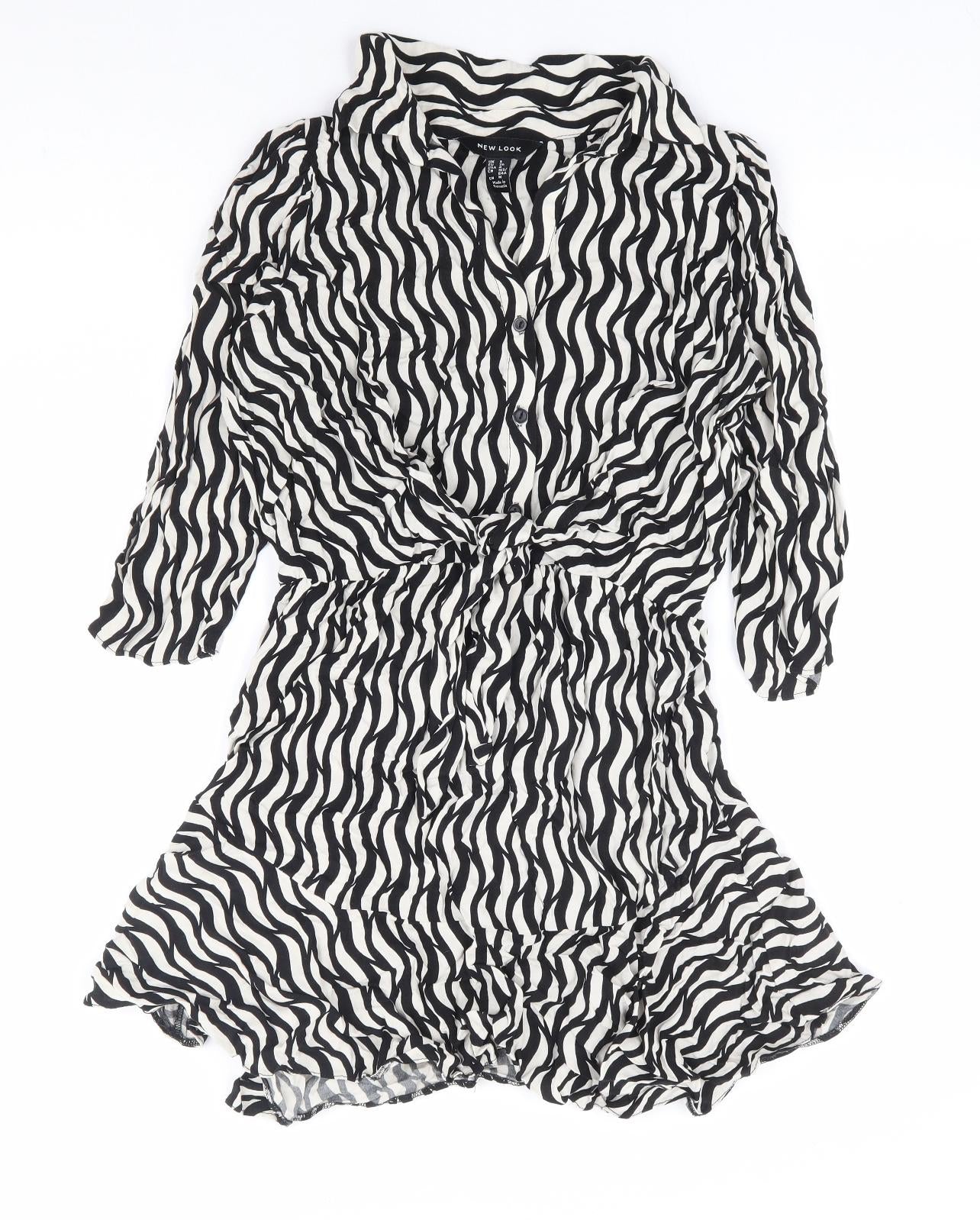 New Look Womens Black Geometric Viscose Shirt Dress Size 8 Collared Button