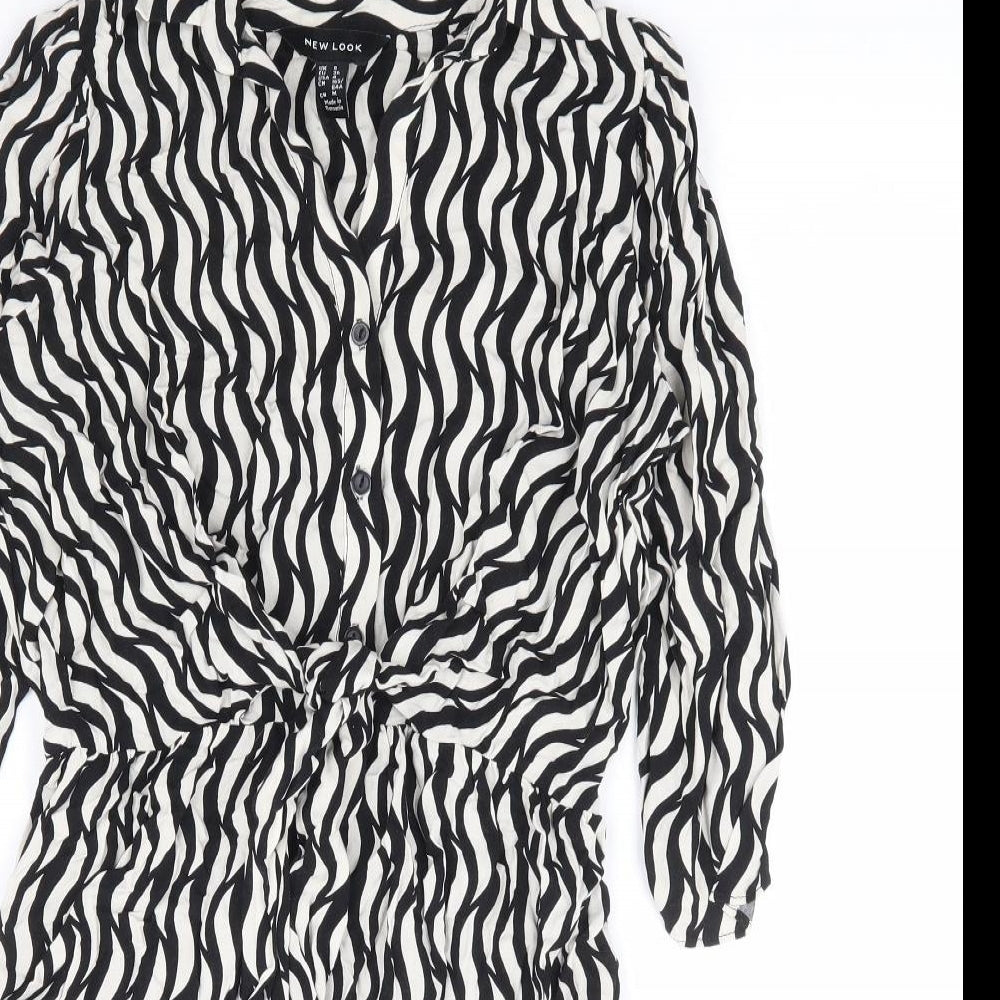 New Look Womens Black Geometric Viscose Shirt Dress Size 8 Collared Button