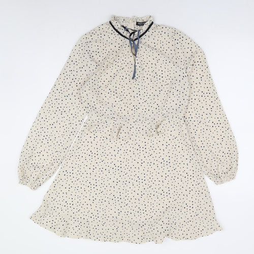 Nasty Gal Womens Ivory Polka Dot Polyester Fit & Flare Size 10 Mock Neck Zip