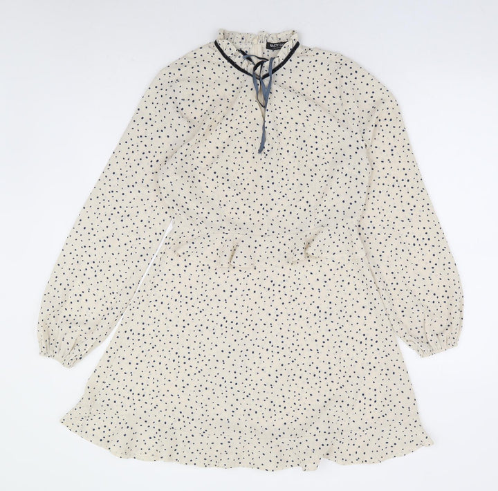 Nasty Gal Womens Ivory Polka Dot Polyester Fit & Flare Size 10 Mock Neck Zip