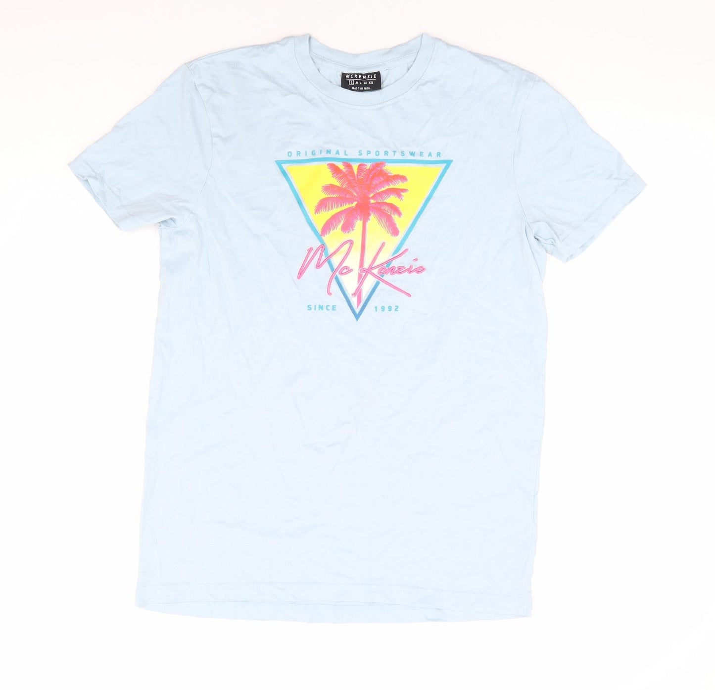 McKenzie Mens Blue Cotton T-Shirt Size S Round Neck - Palm Tree