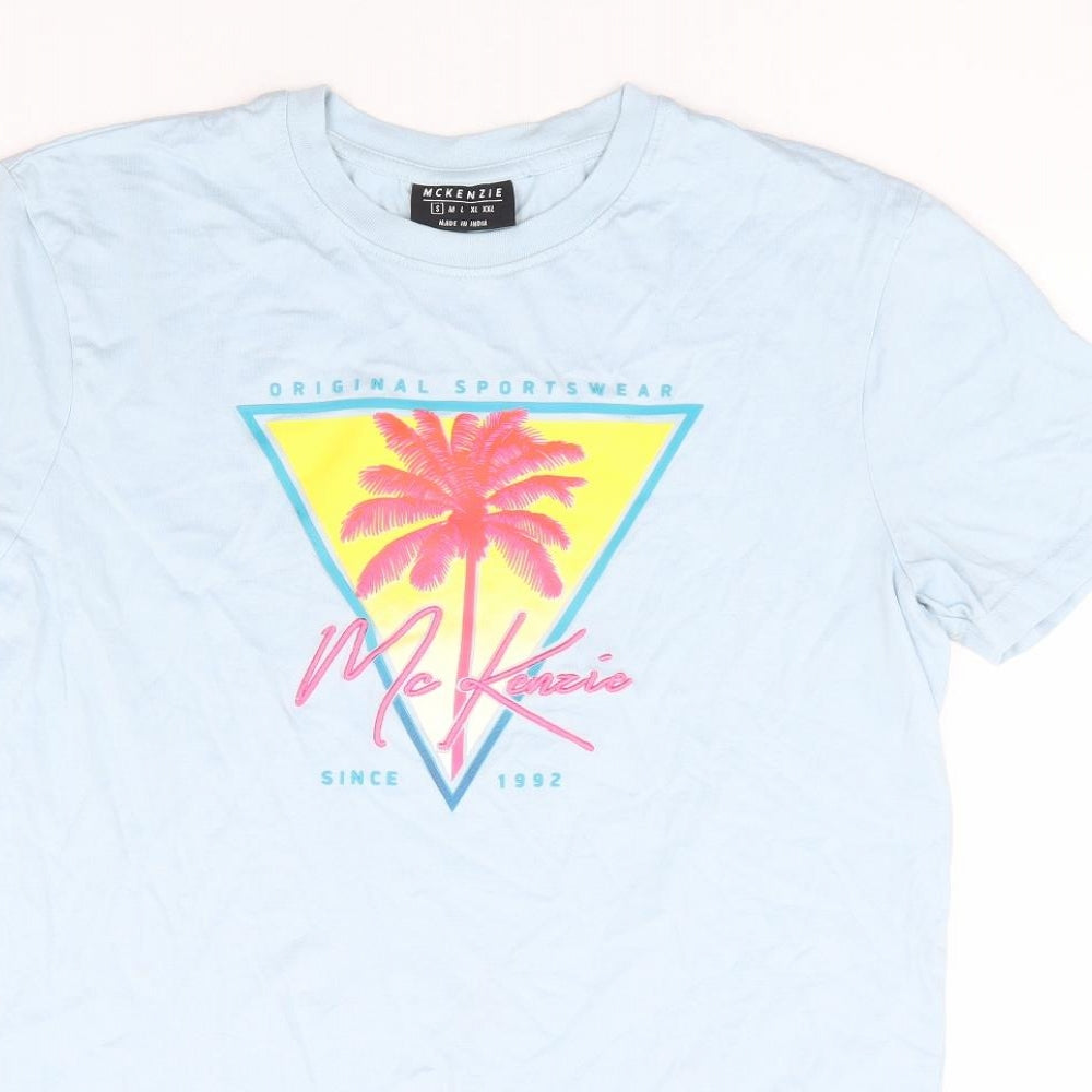 McKenzie Mens Blue Cotton T-Shirt Size S Round Neck - Palm Tree