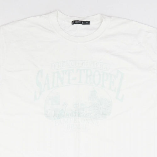 Girl Knows All Womens White Polyester Basic T-Shirt Size M Round Neck - St Tropez