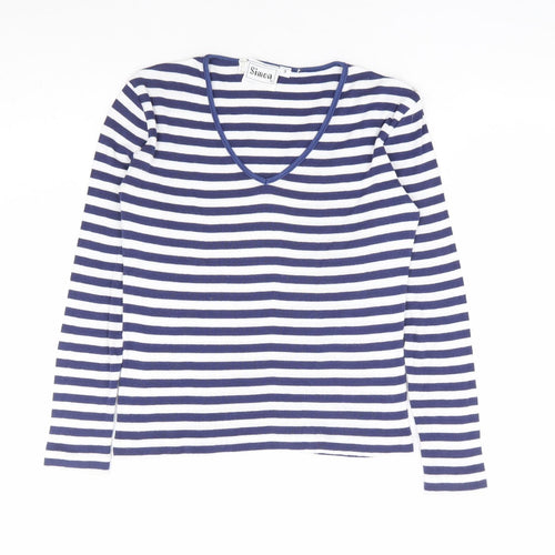 Simon Womens Blue Striped Polyester Basic T-Shirt Size S V-Neck