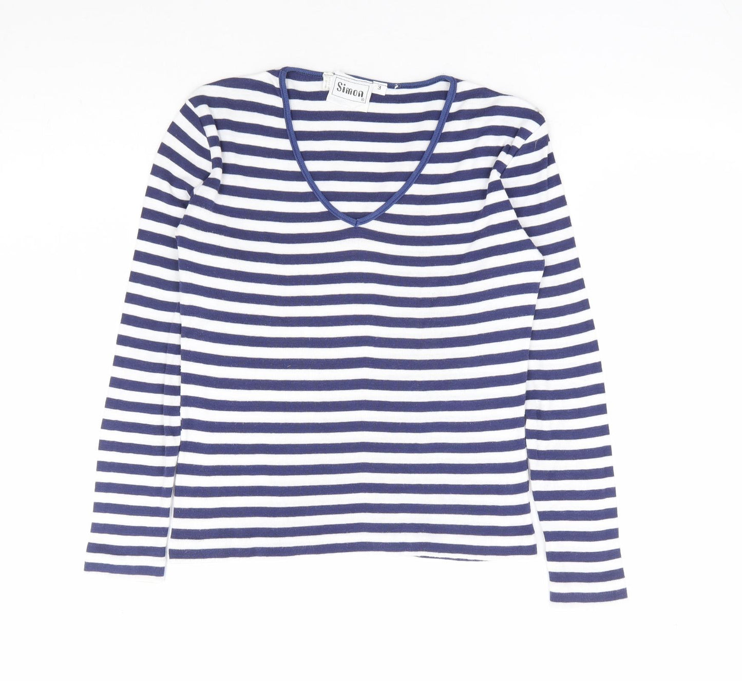 Simon Womens Blue Striped Polyester Basic T-Shirt Size S V-Neck